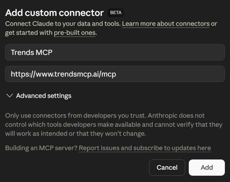 Claude connector form filled with Trends MCP